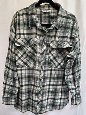 Arizona Jean Co Green Plaid Flannel Shirt Women’s Large 100% Cotton Button Up